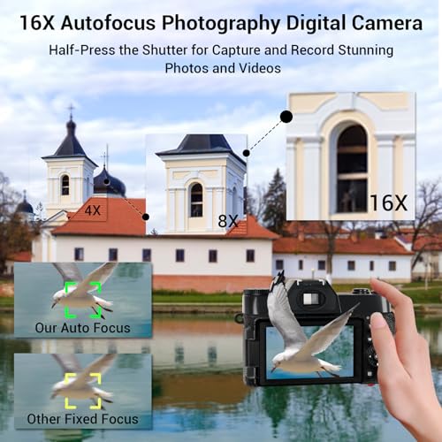 56MP 16X Digital Zoom WiFi 3'' 180° Flip Screen Compact Camera with 2 Batteries 64GB Micro SD Card (Black) T911
