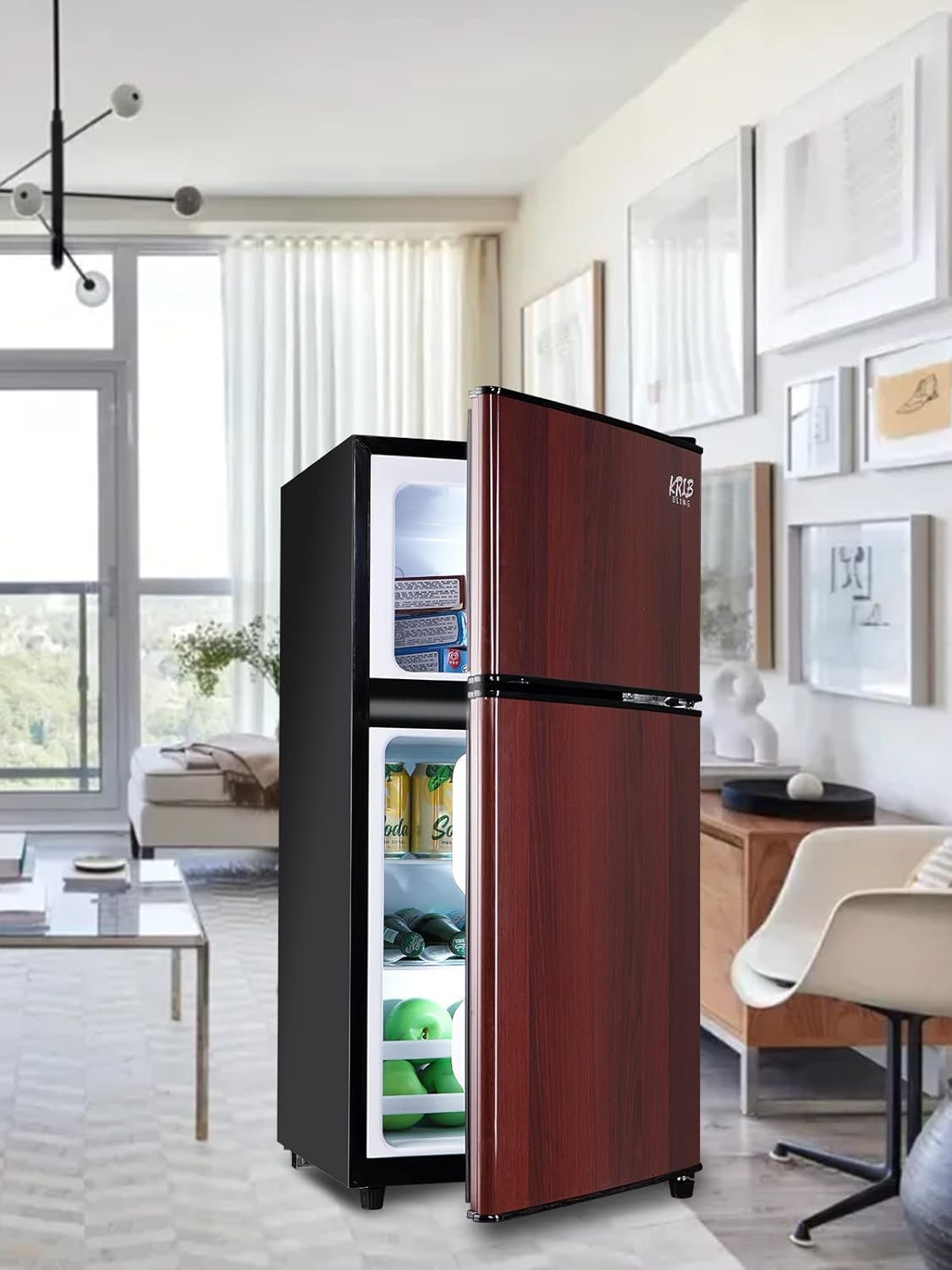 Mini Fridge With Freezer, Compact Refrigerator With 2 Doors, 3.5 Cu. Ft Wood N683
