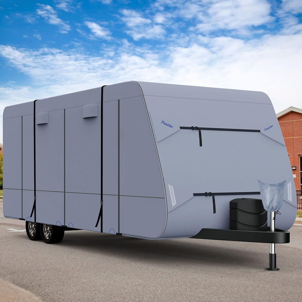 Waterproof 210D Travel Trailer RV Cover with 4 Gutter Spout Covers E290666