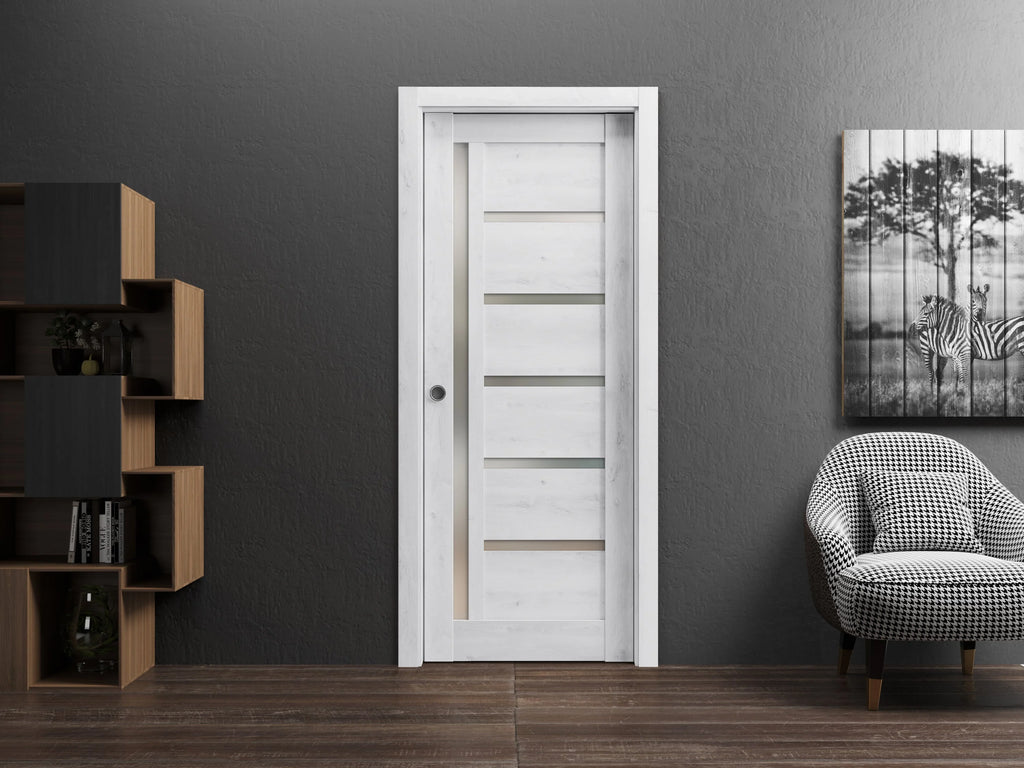 Nordic White Solid Wood Sliding French Pocket Door with Frosted Glass L854