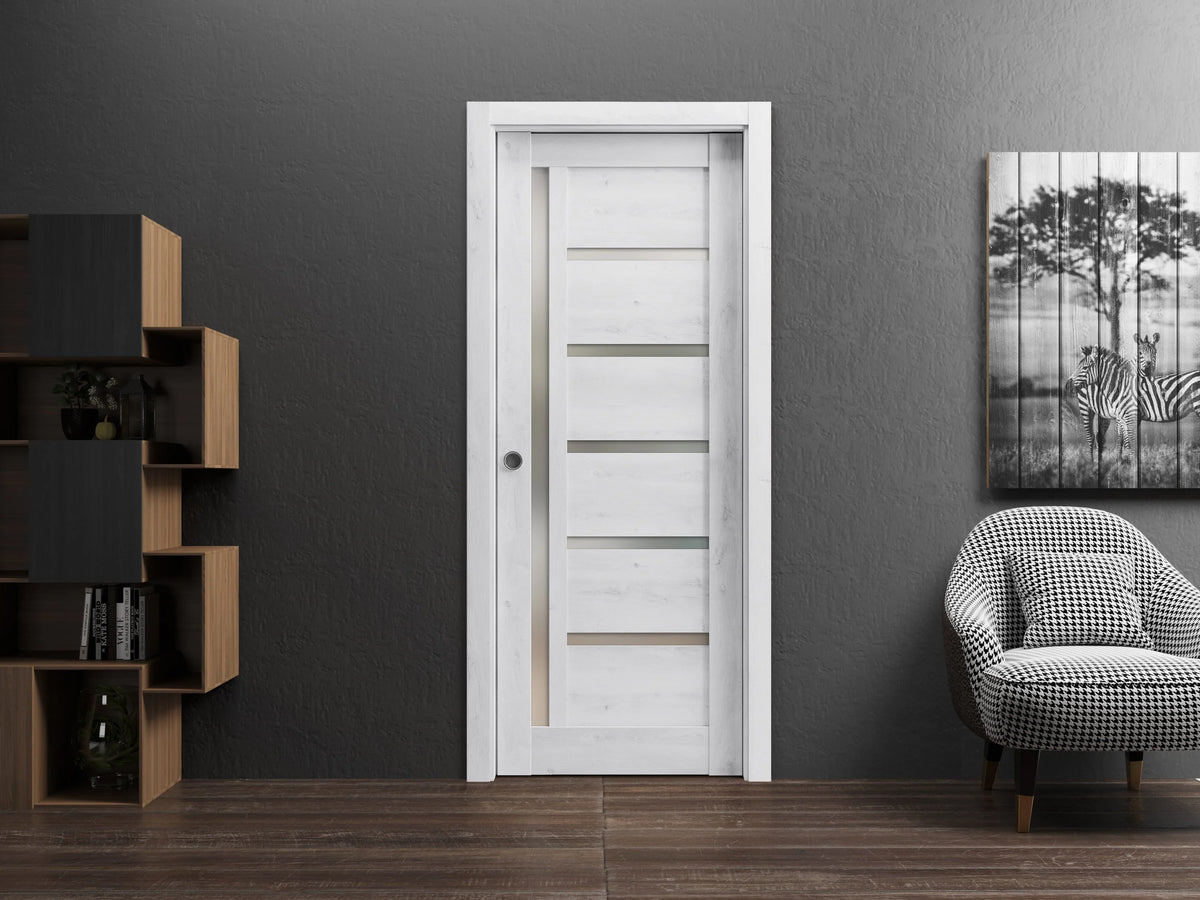 Nordic White Solid Wood Sliding French Pocket Door with Frosted Glass L854