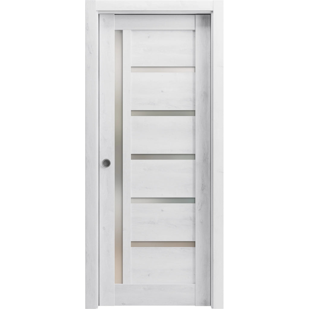 Nordic White Solid Wood Sliding French Pocket Door with Frosted Glass L854