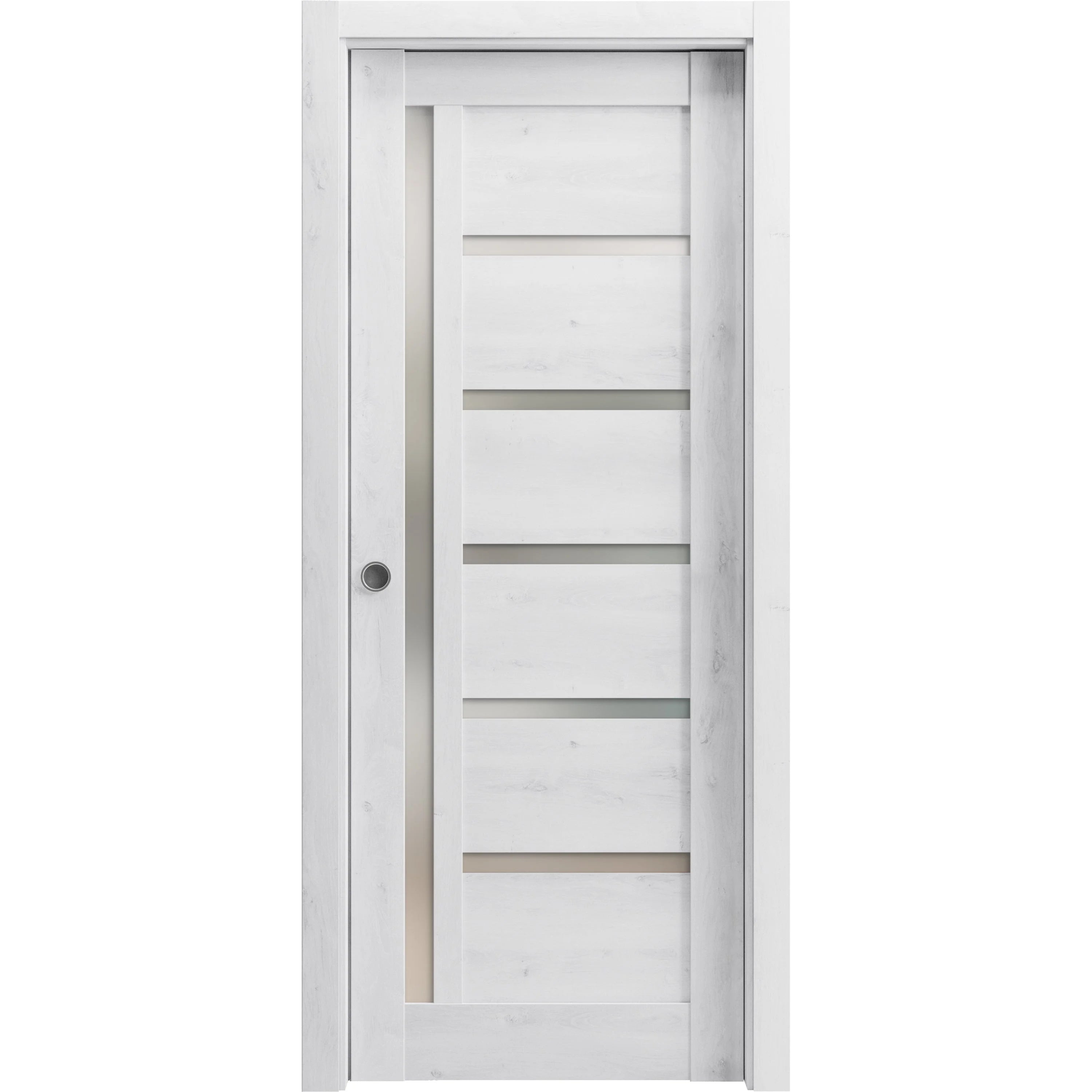 Nordic White Solid Wood Sliding French Pocket Door with Frosted Glass L854