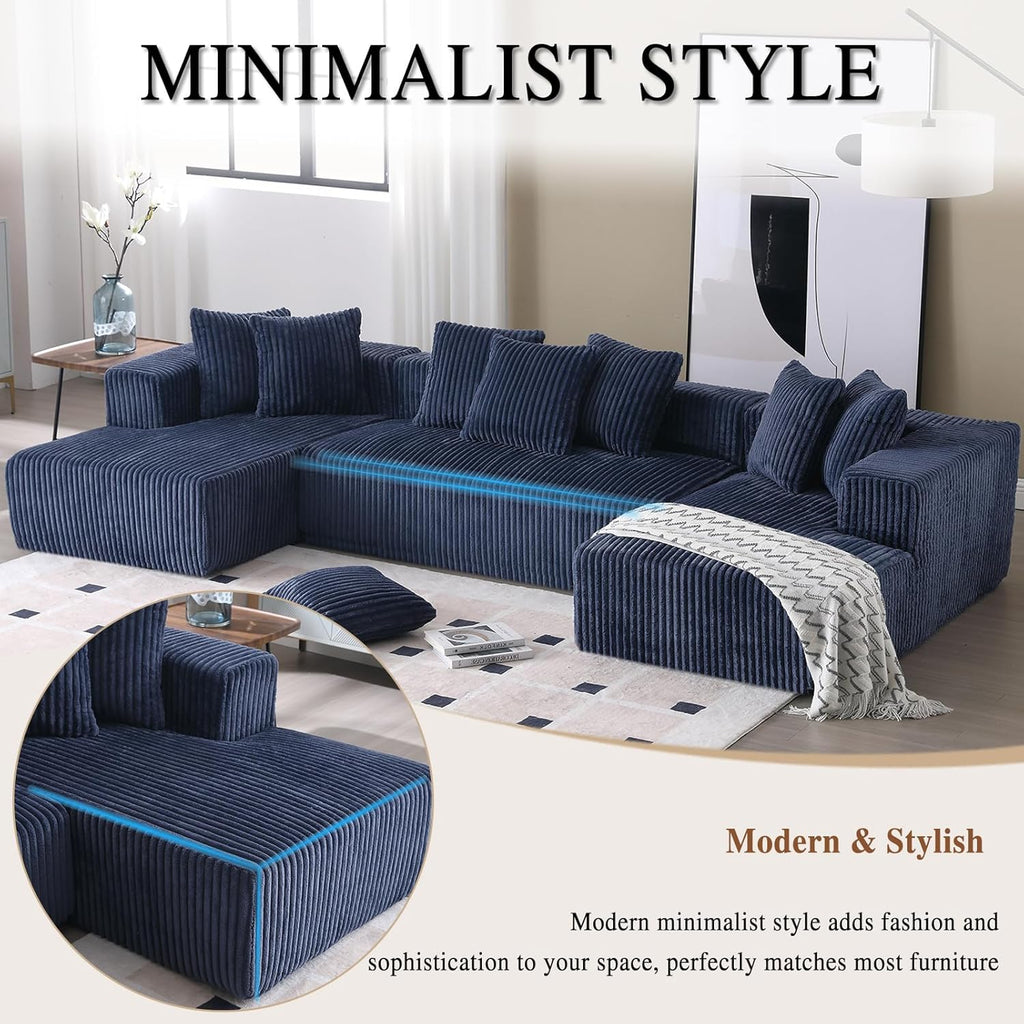 Blue Corduroy Modular Sectional Sofa with 8 Pillows S8021