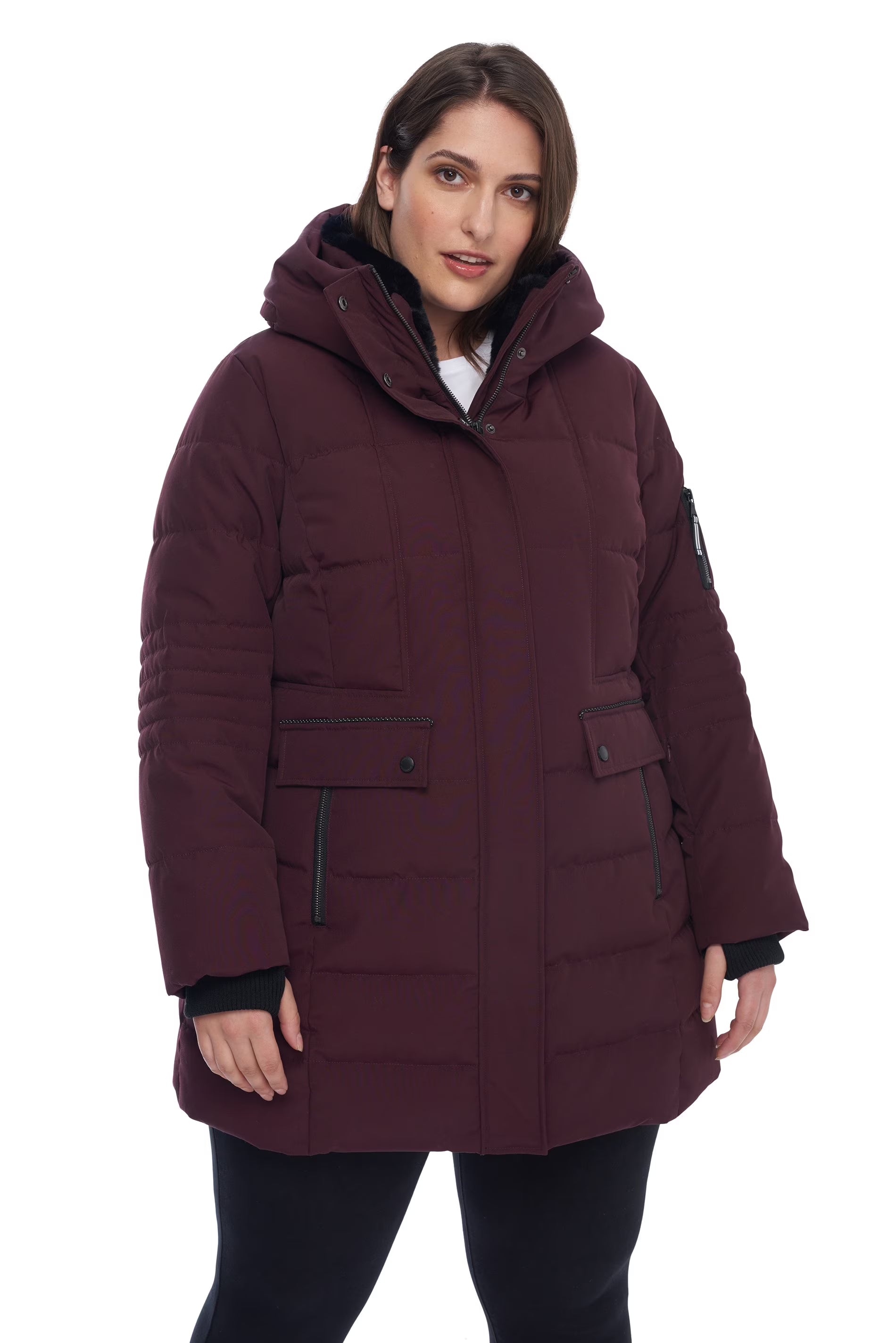 Women's Plus Size Vegan Down Mid-Length Parka Winter Coat with Hood K26162