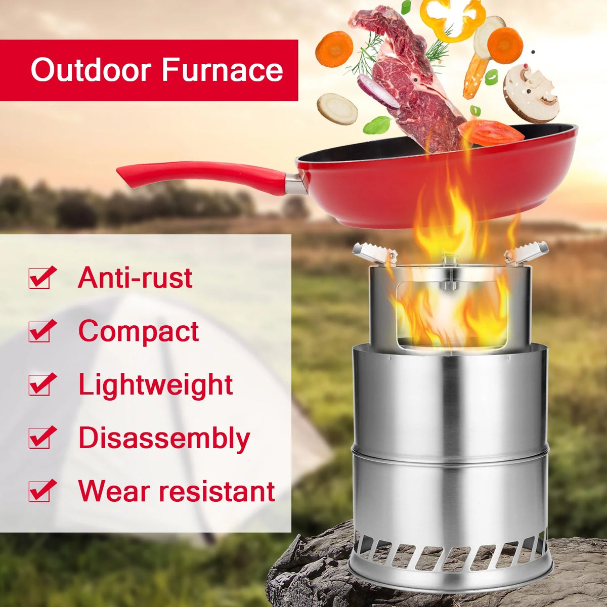 Camping Furnace Stainless Steel Detachable Wood Stove O67188