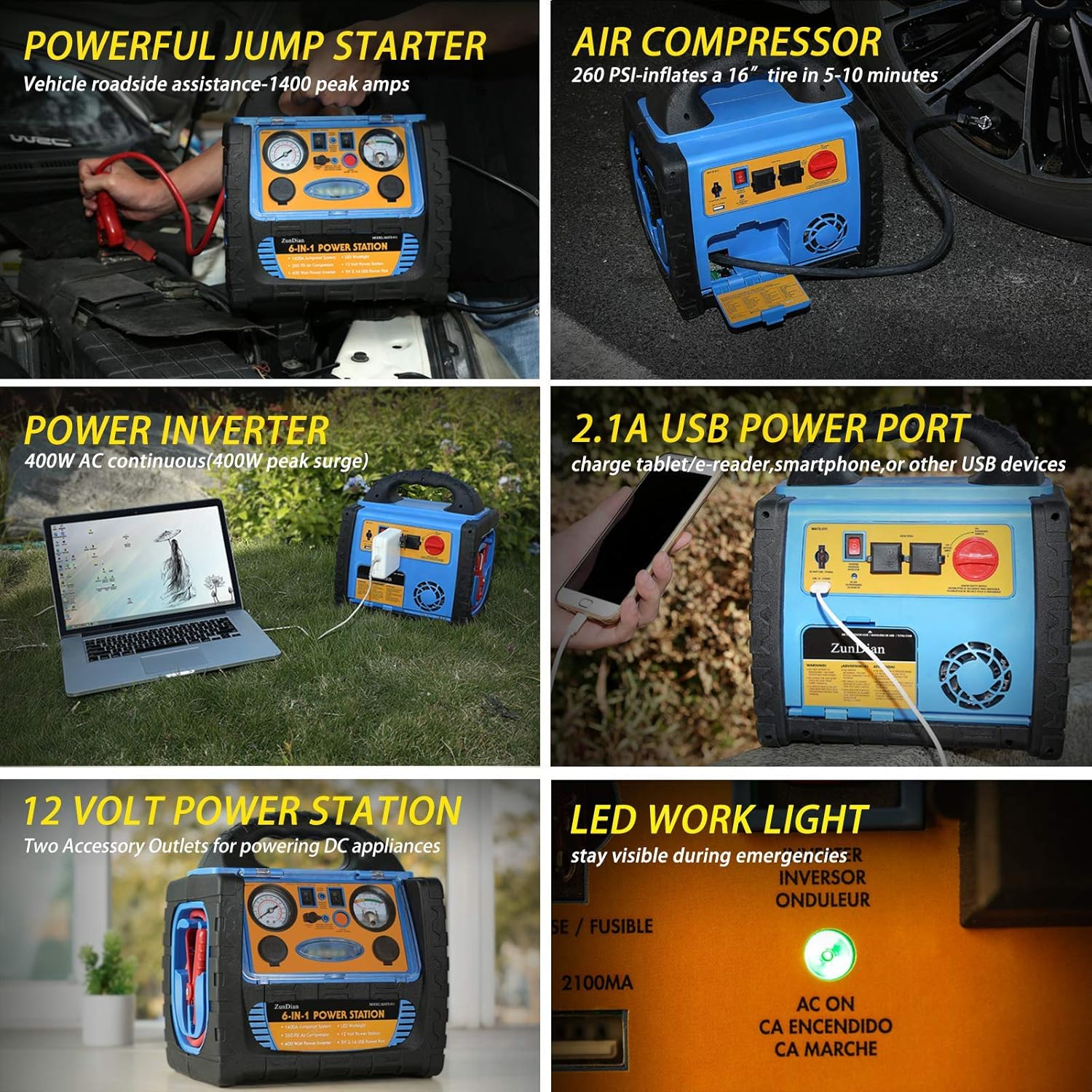 1400 Amp Battery Jump Starter with Air Compressor Car Tire Inflator, 110V 400W Power Inverter USB DC AC Outlet, 12V Emergency Auto Battery Booster Pack P157967