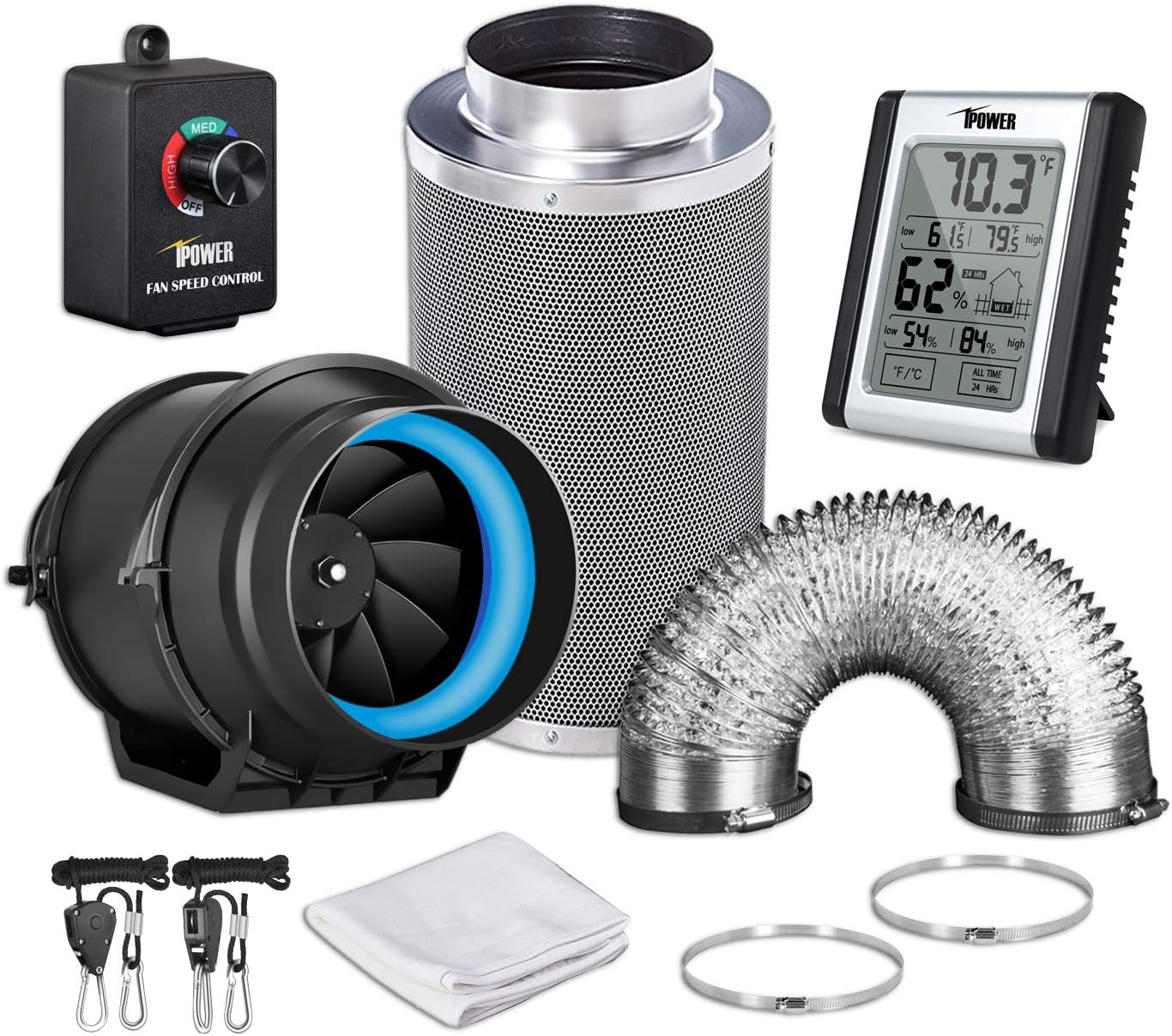 6 Inch 350 CFM Inline Carbon Filter with Fan Speed Controller and Temperature Humidity Monitor D26877