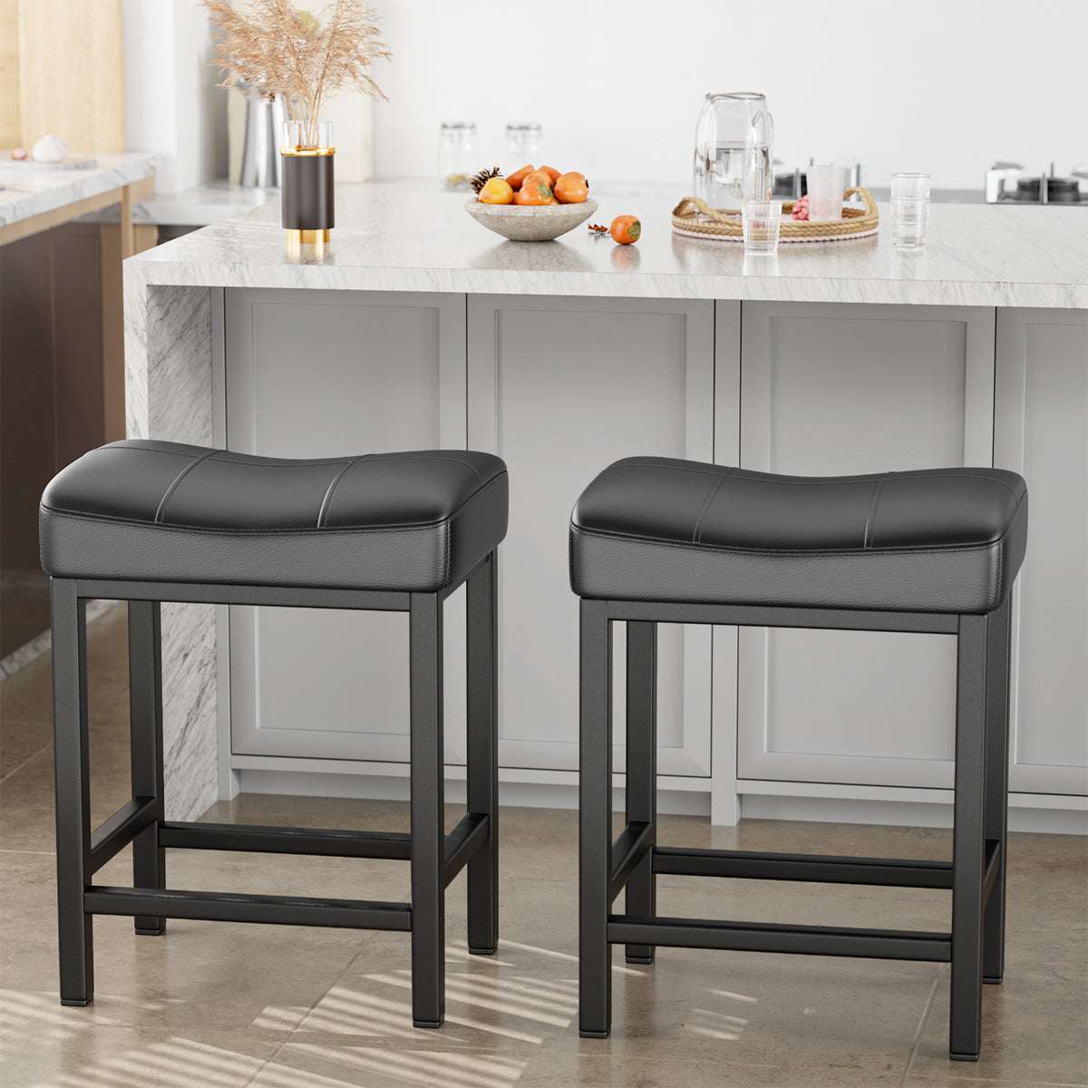 Black PU Leather Counter Bar Stools Set of 2 with Metal Base Q511