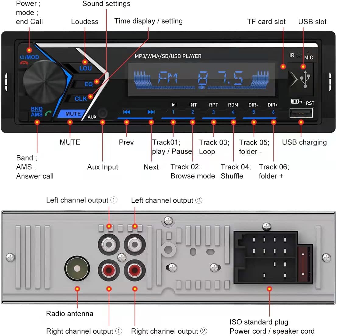 Dual Bluetooth Single Din Car Stereo with Remote Control H511182