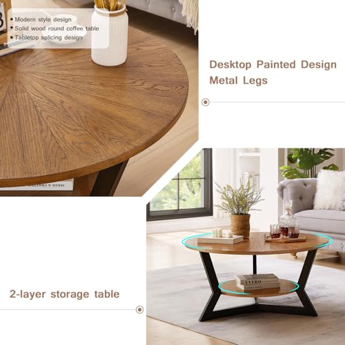 Round Wood Coffee Table with Storage Rack, 35 x 35 x 17 in U17395