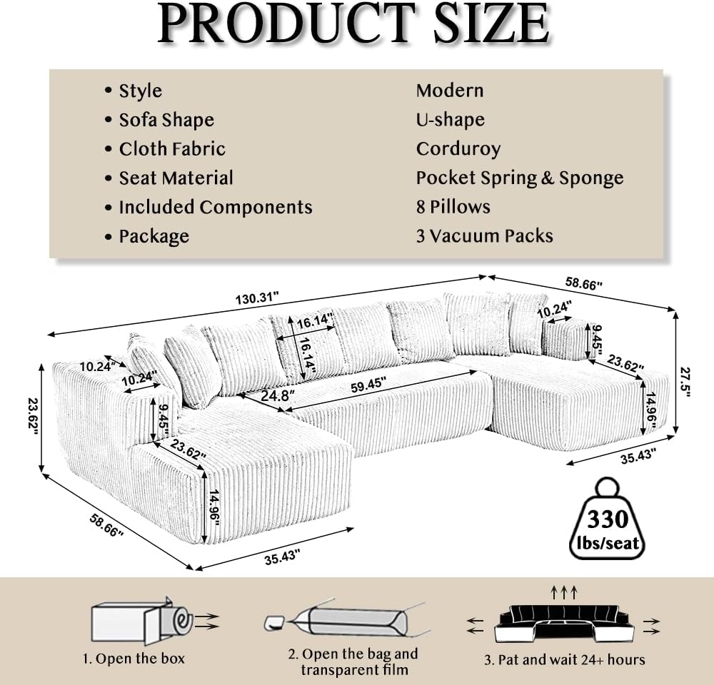 Blue Corduroy Modular Sectional Sofa with 8 Pillows S8021