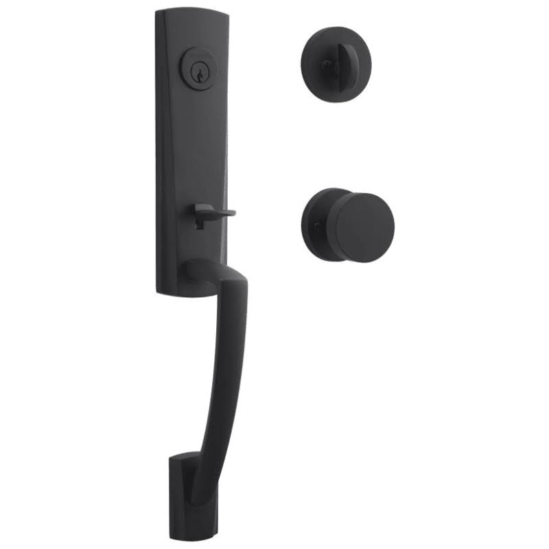 Satin Black Single Cylinder Handleset with Contemporary Round Rose Door Knob R8692