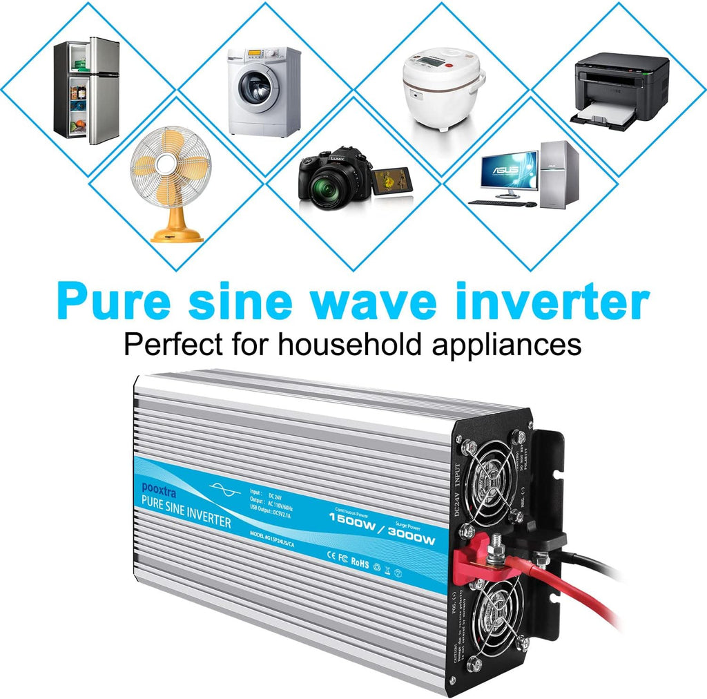 1500 Watt Pure Sine Wave Power Inverter DC 24V to 110V with 4 AC Outlets and 2.1A USB Ports M47439