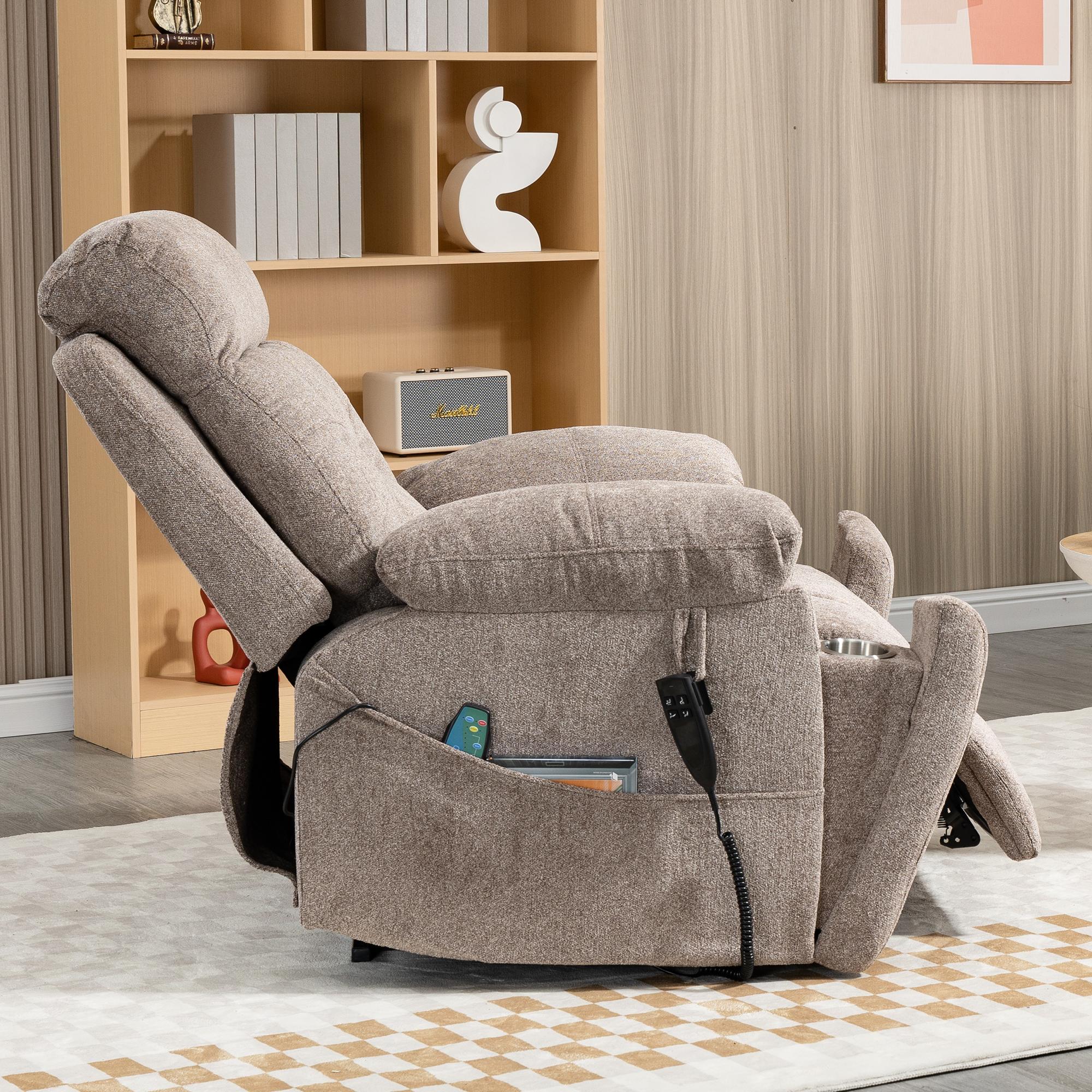 Electric Lift Recliner Chair with Heating and Massage, Fabric, Light Brown E13596