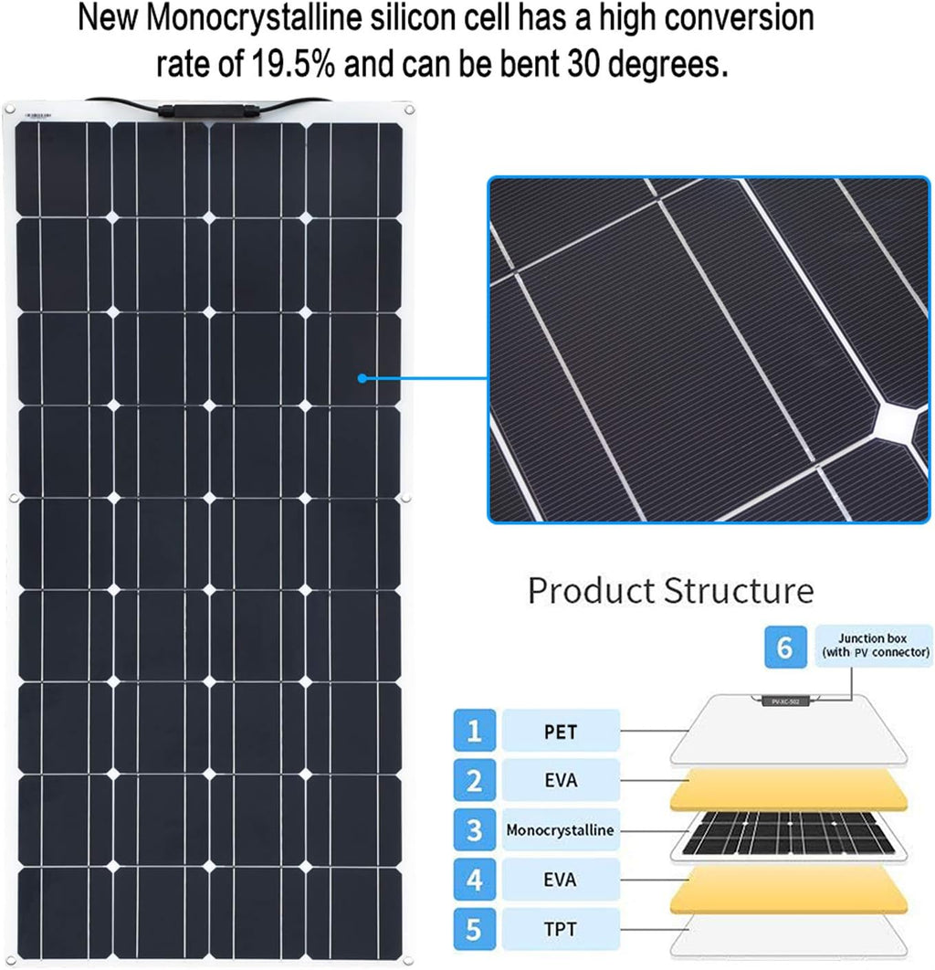 2pcs 100w Monocrystalline Flexible Solar Panel 200W 12V Kit with 20A Controller PV Connector L7929
