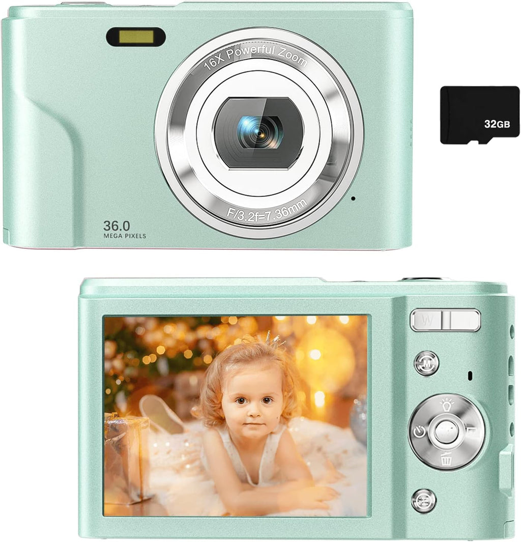 36MP Full HD 1080P Rechargeable Digital Camera with 32GB SD Card (Green) T5655