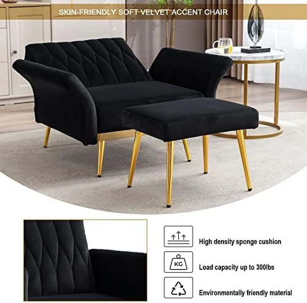 Velvet Single Sofa Chair with Ottoman Adjustable Armrests Tufted Lounge Chair N63024