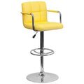 Yellow Quilted Vinyl Adjustable Height Barstool with Arms and Chrome Base X653