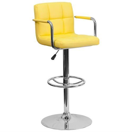 Yellow Quilted Vinyl Adjustable Height Barstool with Arms and Chrome Base X653