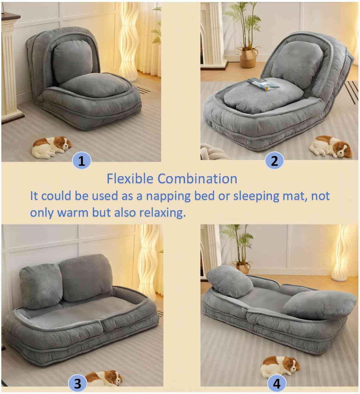 Gray foldable lazy sofa floor chair, 5-seater adjustable backrest recliner D939931