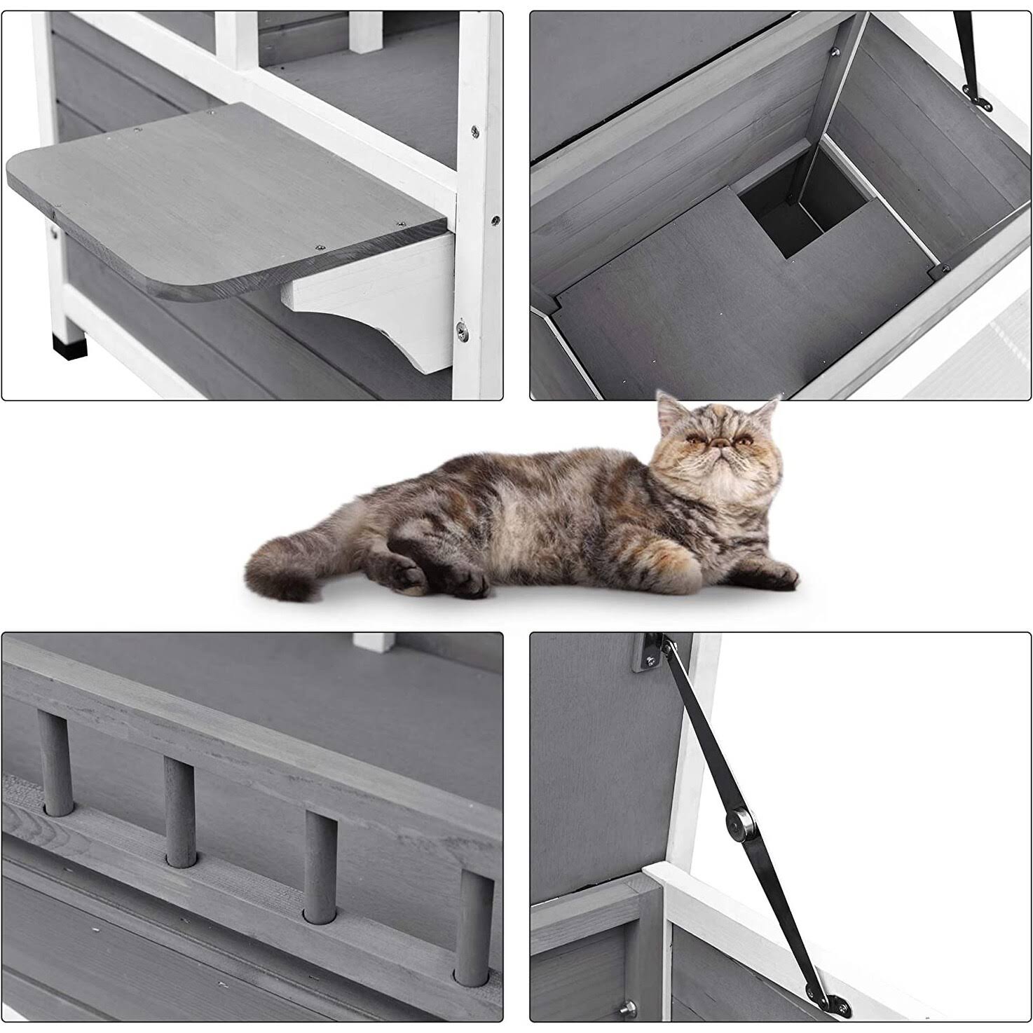 2-Story Weatherproof Wooden Cat Shelter House with Transparent PVC Canopy M53014