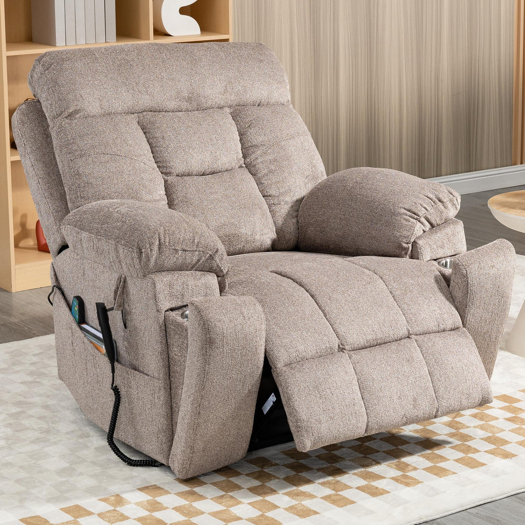 Electric Lift Recliner Chair with Heating and Massage, Fabric, Light Brown E13596