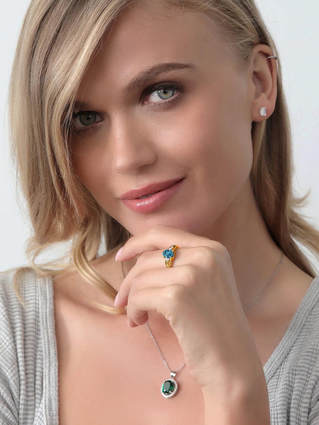 18K Yellow Gold Plated Silver London Blue Topaz and White Lab Grown Diamond 3 Stone Engagement Ring C50225