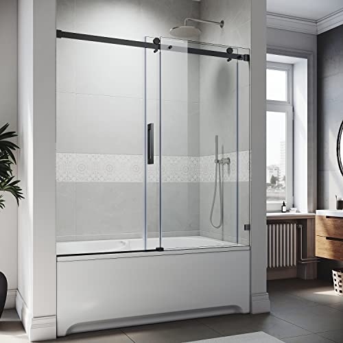 Frameless Sliding Tub Door 58.5-60" W X 62" H with 5/16" Clear Tempered Glass Matte Black P627152