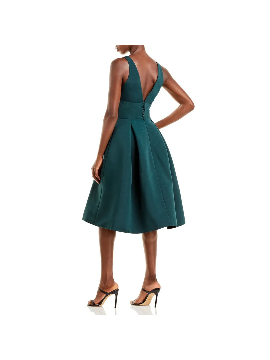 Green Zippered Textured Button Detail Pleated Pocketed Sleeveless V Neck Below The Knee Evening Fit + Flare Dress C7051