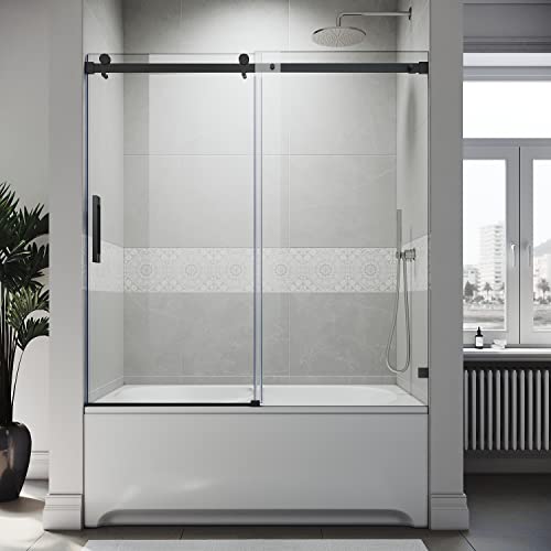 Frameless Sliding Tub Door 58.5-60" W X 62" H with 5/16" Clear Tempered Glass Matte Black P627152