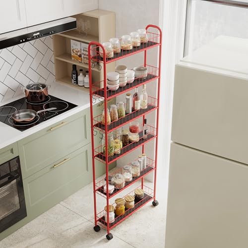 Red 6-Tier Wire Rolling Storage Cart with Wheels O437772