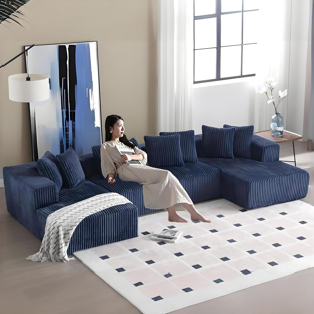 Blue Corduroy Modular Sectional Sofa with 8 Pillows S8021