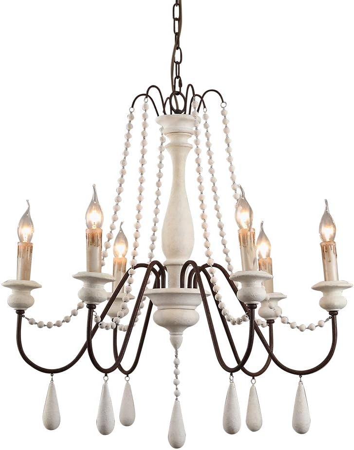 French Country Wood Bead Chandelier, 6 Lights, Gray K7585