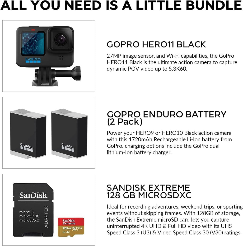 GoPro HERO11 Black 27MP with Sandisk 128 GB Memory Card Enduro Rechargeable Battery Bundle Set X4957