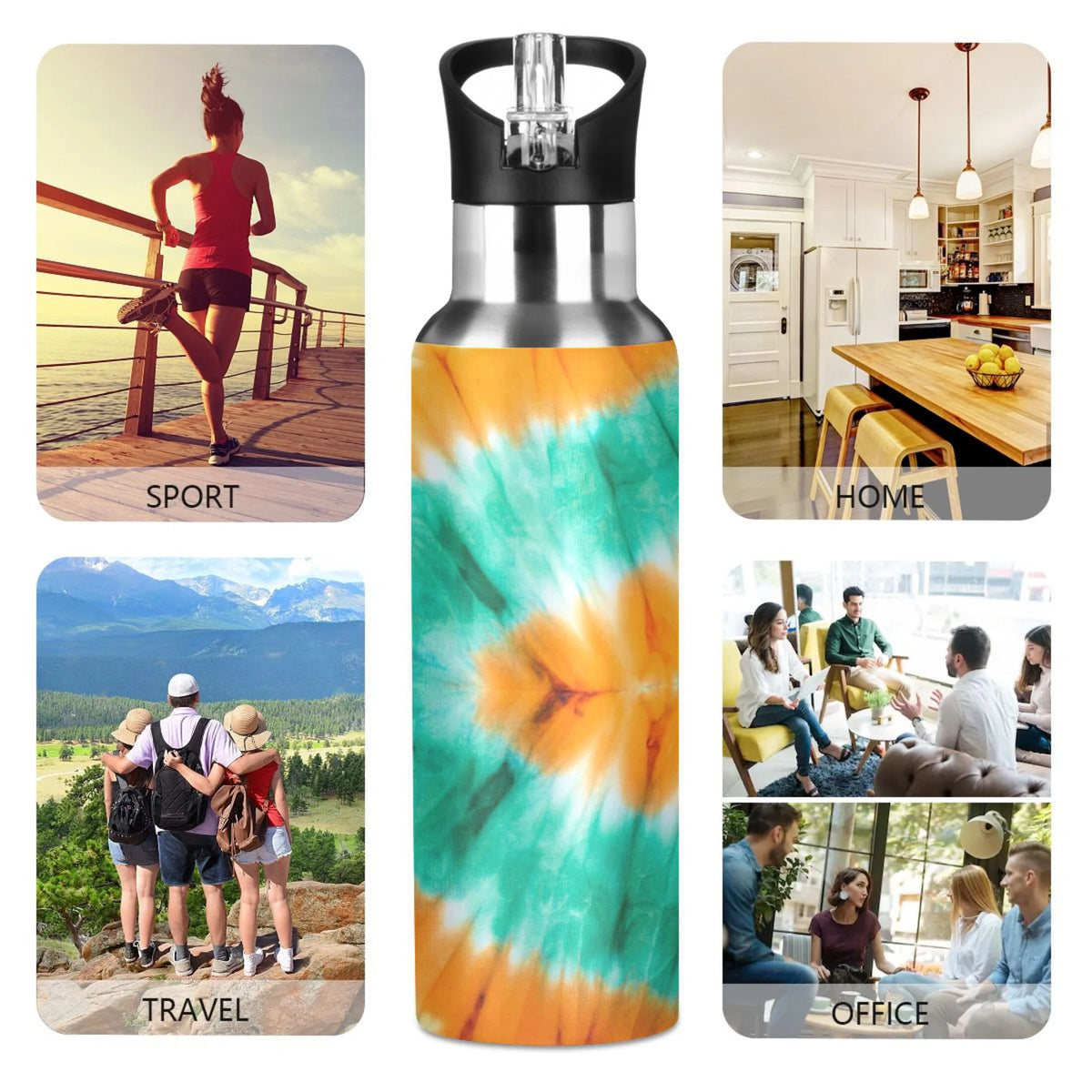 Tie Dye Orange Green 20 OZ Vacuum Insulated Stainless Steel Water Bottle with Straw Lid H359214