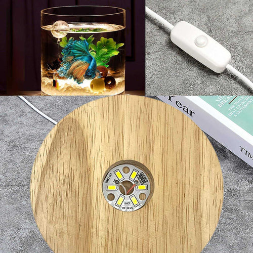 0.81-Gallon Cylindrical Fish Tank with Wooden Base LED Light Water Pump W292803