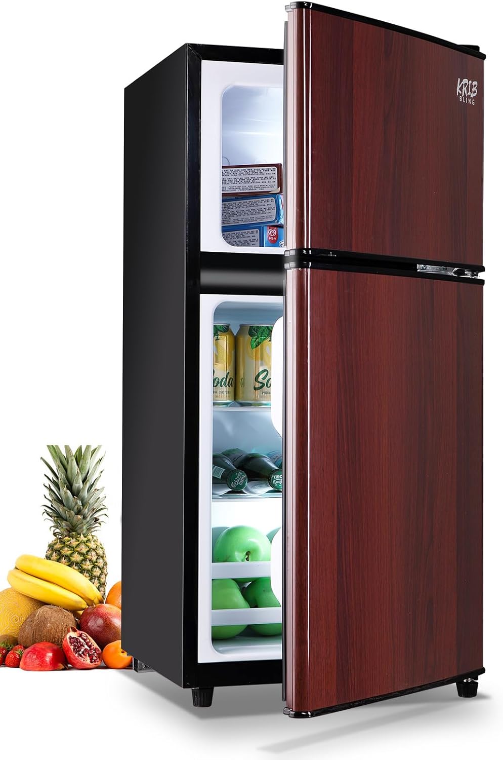 Mini Fridge With Freezer, Compact Refrigerator With 2 Doors, 3.5 Cu. Ft Wood N683