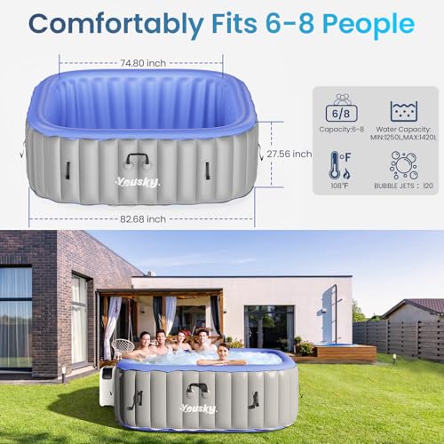 Inflatable Hot Tub 6-8 Person with 120 Bubble Jets, Durable PVC Material, 83" L x 83" W x 26" H S394