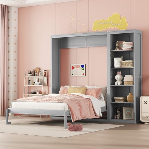 Full Size Murphy Bed with Storage Shelves, Drawers and LED Lights, White G741