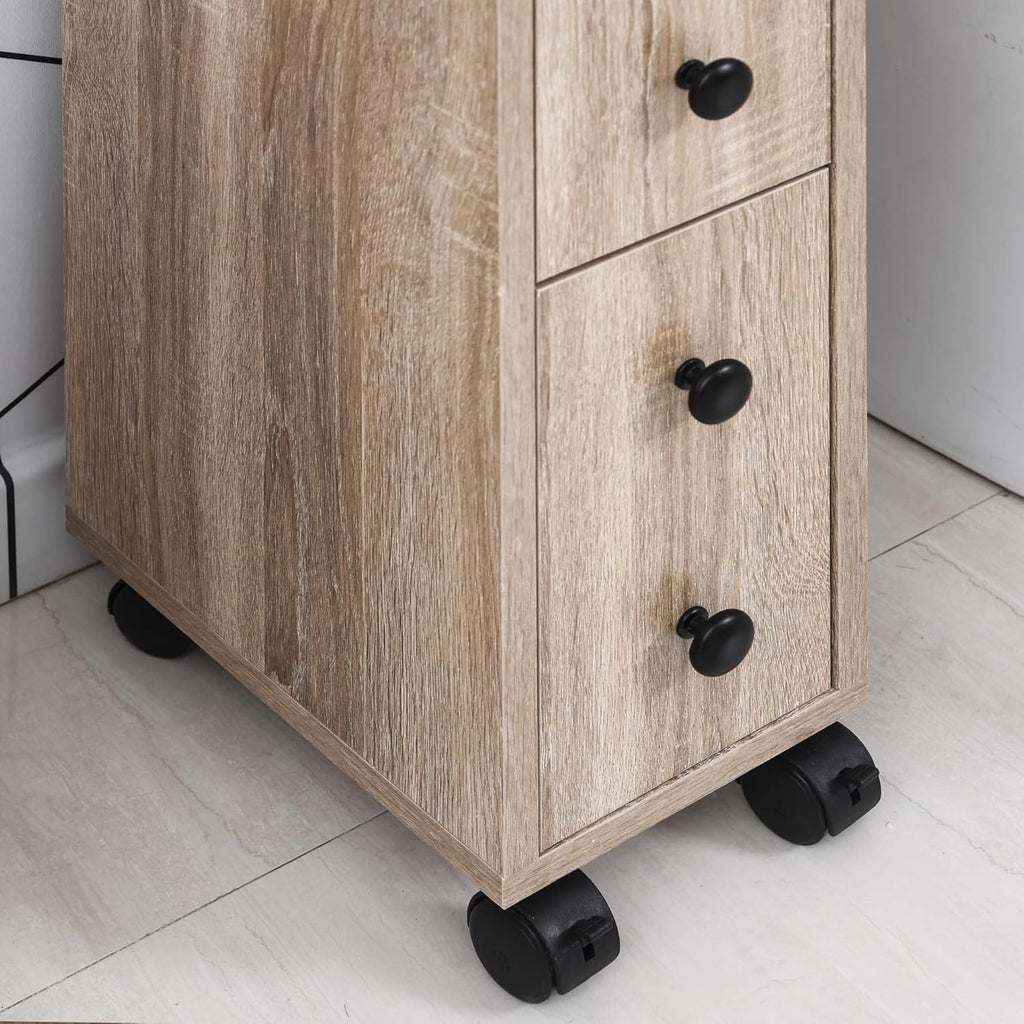 Oak Grain Freestanding Bathroom Cabinet with 2 Open Cabinets, 1 Door Cabinet, 1 Drawer and 4 Rolling Wheels S69703