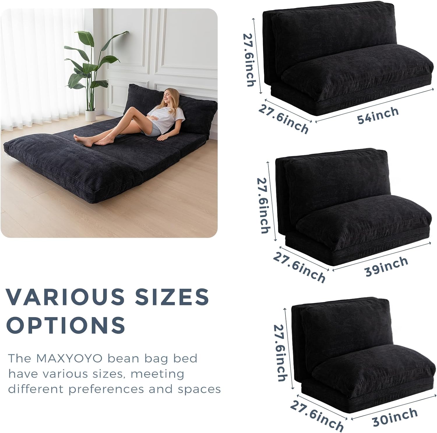Black Corded Washable Bean Bag Bed Folding Sofa Bed Floor Mattress, 39x95 Inch P330124