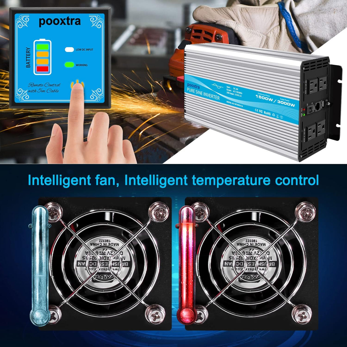 1500 Watt Pure Sine Wave Power Inverter DC 24V to 110V with 4 AC Outlets and 2.1A USB Ports M47439