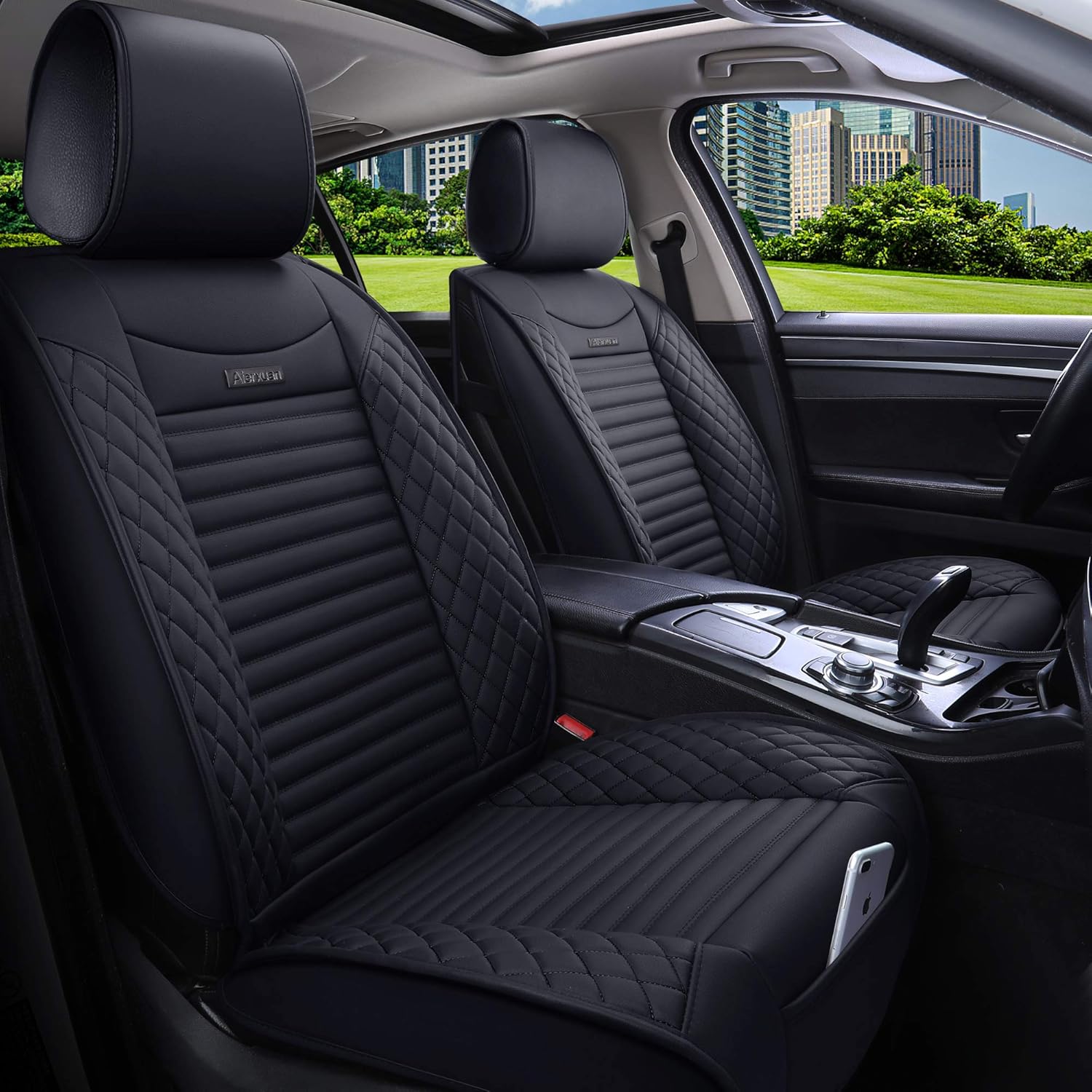 Black Leather Universal Front Captain Seat Covers 2 Pcs Z672