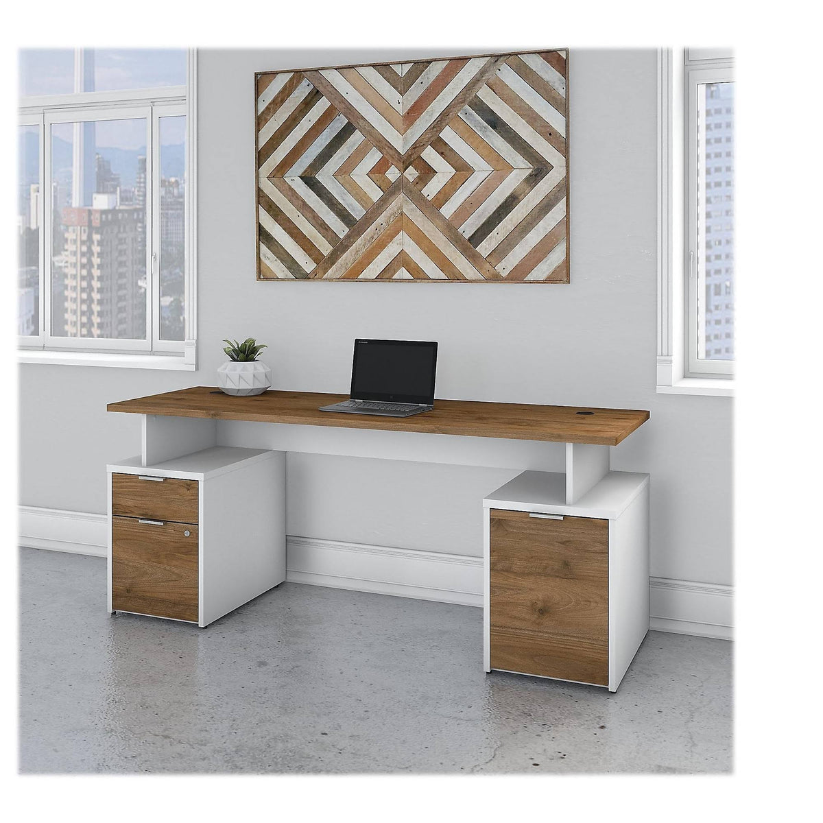 72w Desk with Drawers and Storage Cabinet Fresh Walnut White T661429
