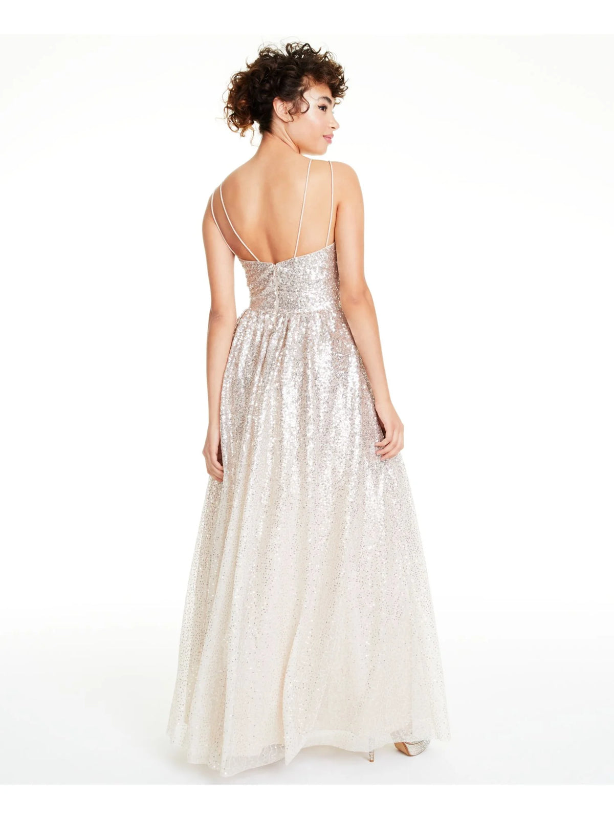 Beige Sequined Spaghetti Strap Evening Dress G562