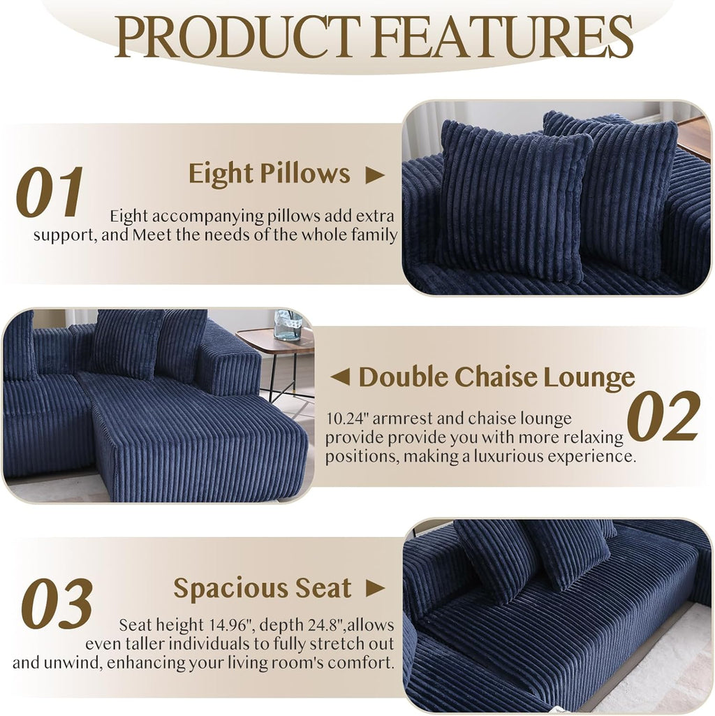Blue Corduroy Modular Sectional Sofa with 8 Pillows S8021