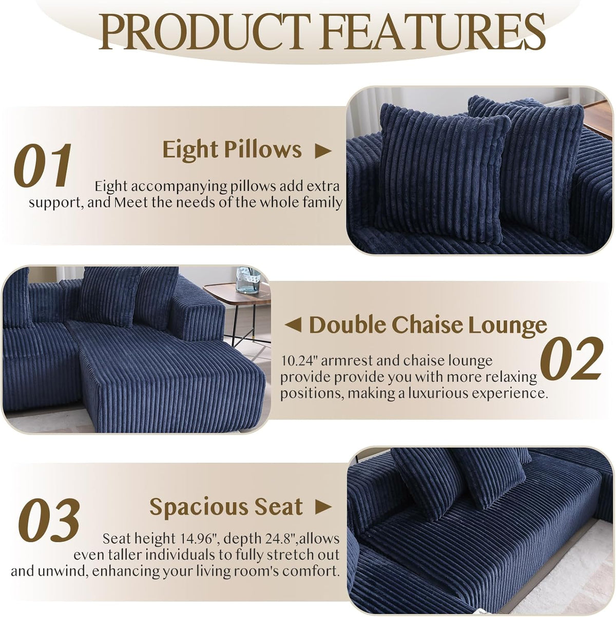Blue Corduroy Modular Sectional Sofa with 8 Pillows S8021