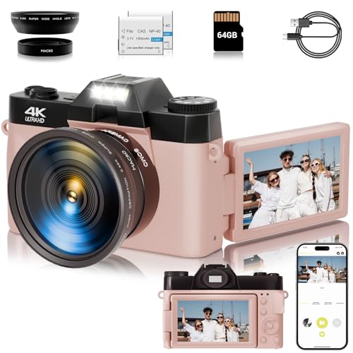 56MP 16X Digital Zoom WiFi 3'' 180° Flip Screen Compact Camera with 2 Batteries 64GB Micro SD Card (Black) T911