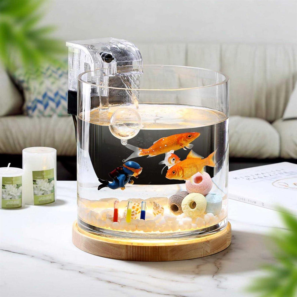 0.81-Gallon Cylindrical Fish Tank with Wooden Base LED Light Water Pump W292803